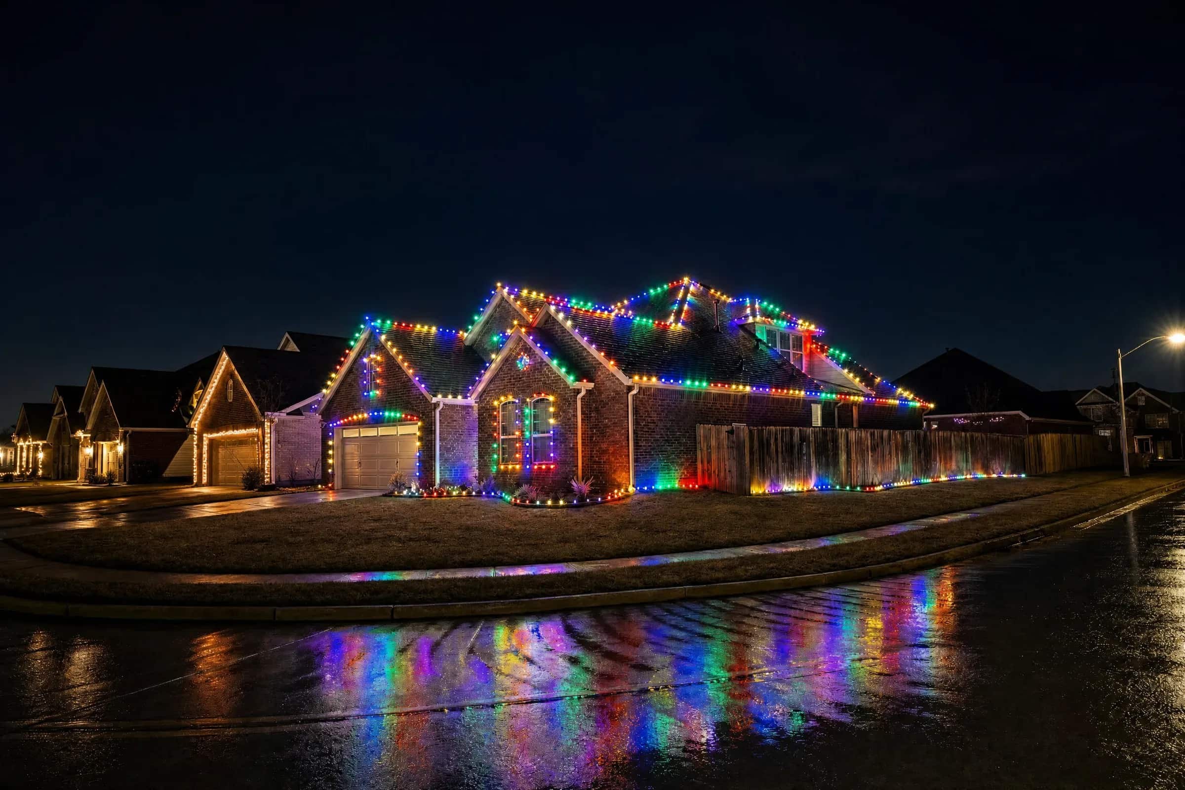 Suburban street of homes decorated with Christmas lights at night