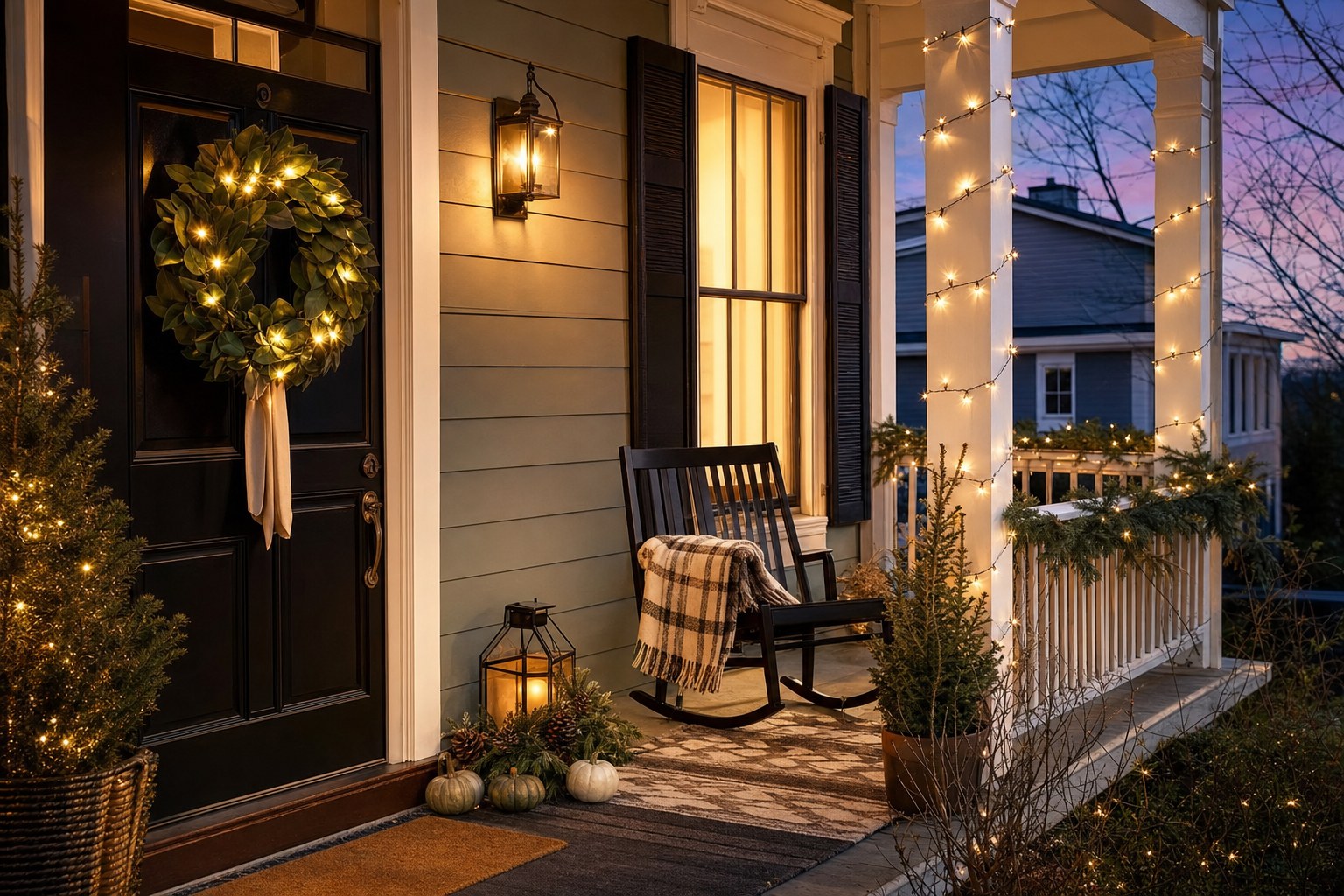 Cozy porch decorated with wreaths, garland and warm string lights